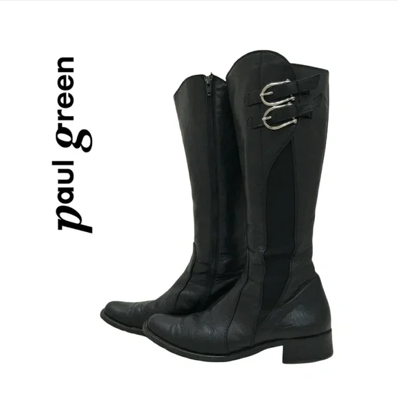 PAUL GREEN {5} Black Leather Boots Knee-High Buckles Stacked Heel - Picture 1 of 7
